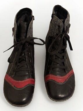 Remonte Women's Black Gray Red Leather Ankle Boot Lace Zip Round Toe EU 42 US 10